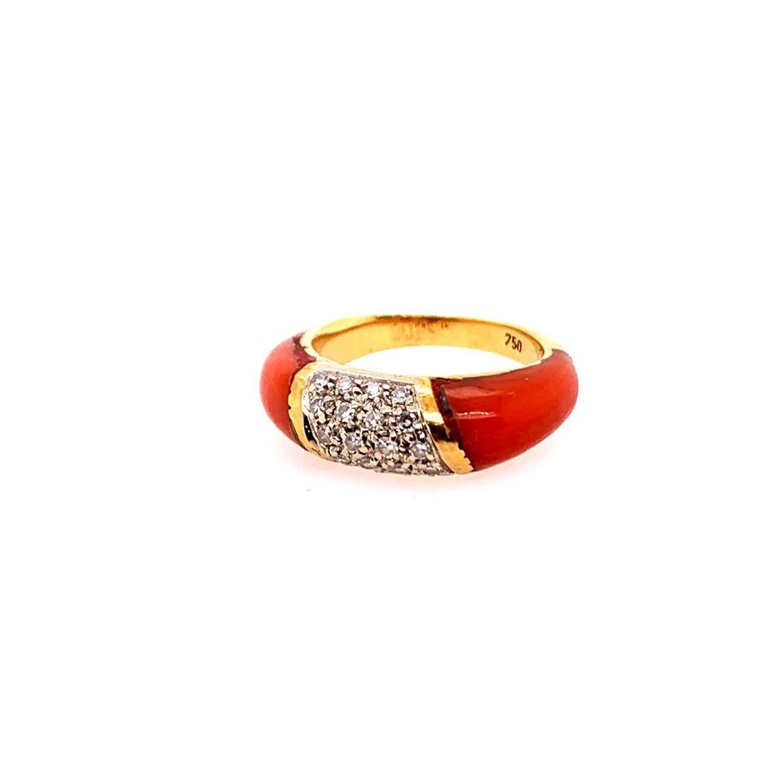 Retro Gold Cocktail Ring Natural Coral & 0.55 Carat Diamond Handmade circa 1950 In Good Condition For Sale In Los Angeles, CA