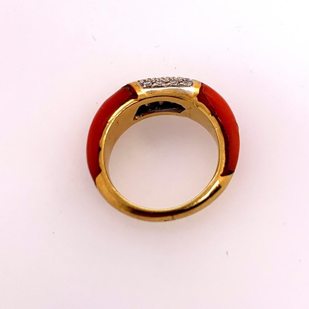 Women's Retro Gold Cocktail Ring Natural Coral & 0.55 Carat Diamond Handmade circa 1950 For Sale