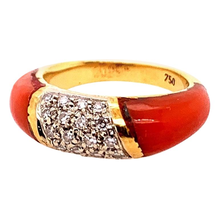 Retro Gold Cocktail Ring Natural Coral & 0.55 Carat Diamond Handmade circa 1950