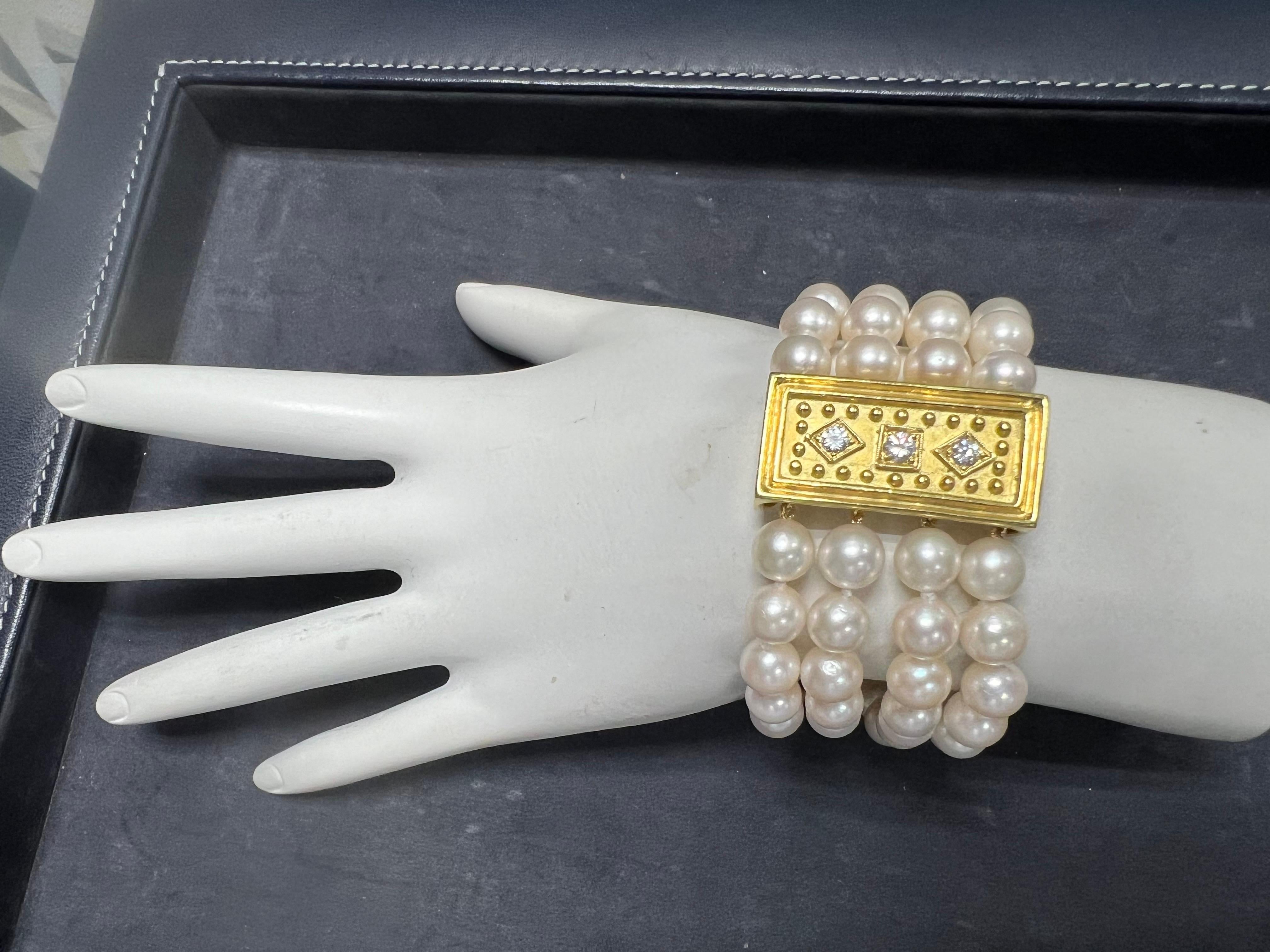 Bracelet rétro de 7 pouces avec perles d' Akoya de culture et fermoir en diamant naturel 0,35 carat Bon état - En vente à Los Angeles, CA