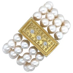 Pulsera de oro retro de perlas cultivadas Akoya de 7 pulgadas Cierre de diamantes naturales de 0,35 quilates