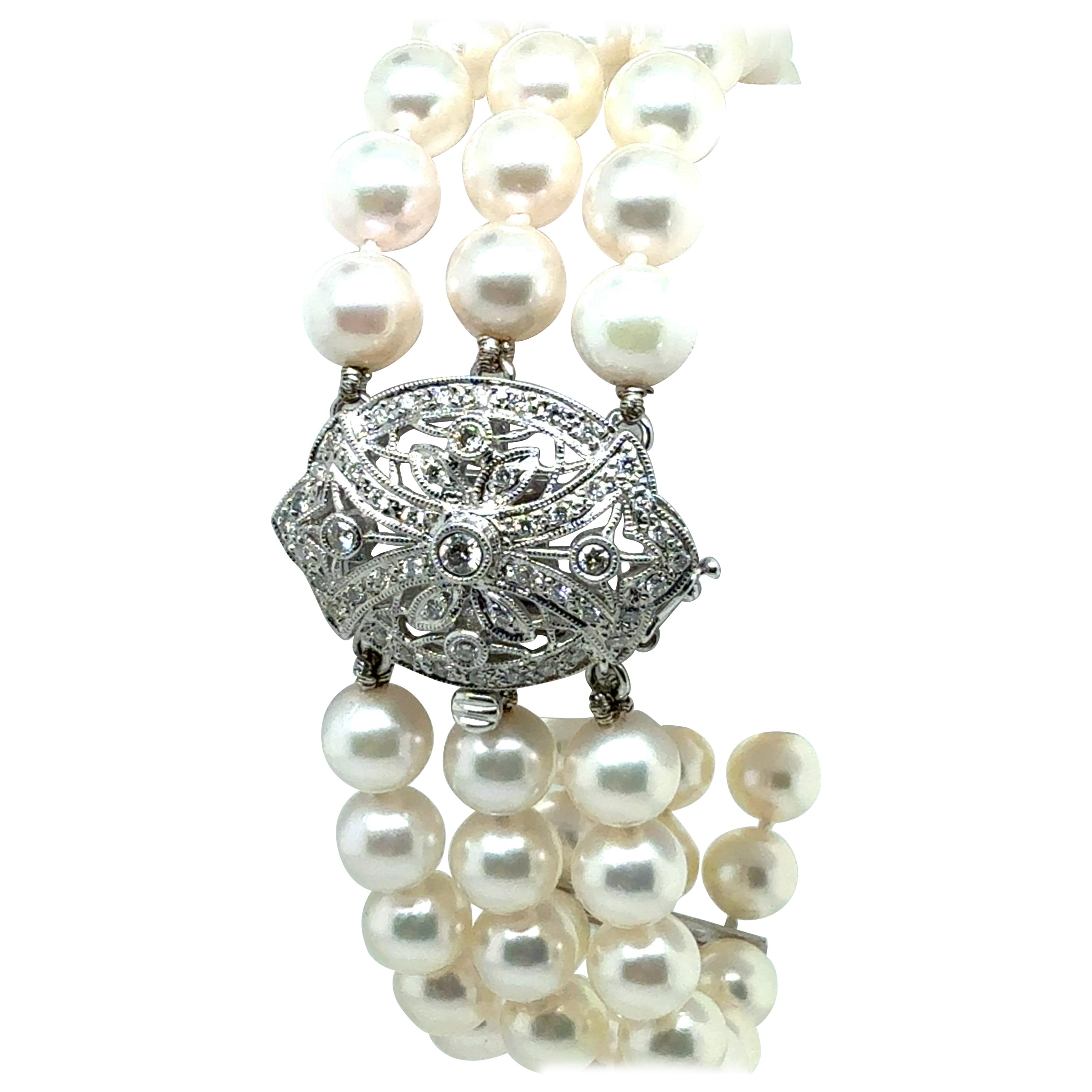 Bracciale retrò in oro con perle Akoya coltivate da 7 pollici e chiusura con diamanti naturali da 0,8 carati