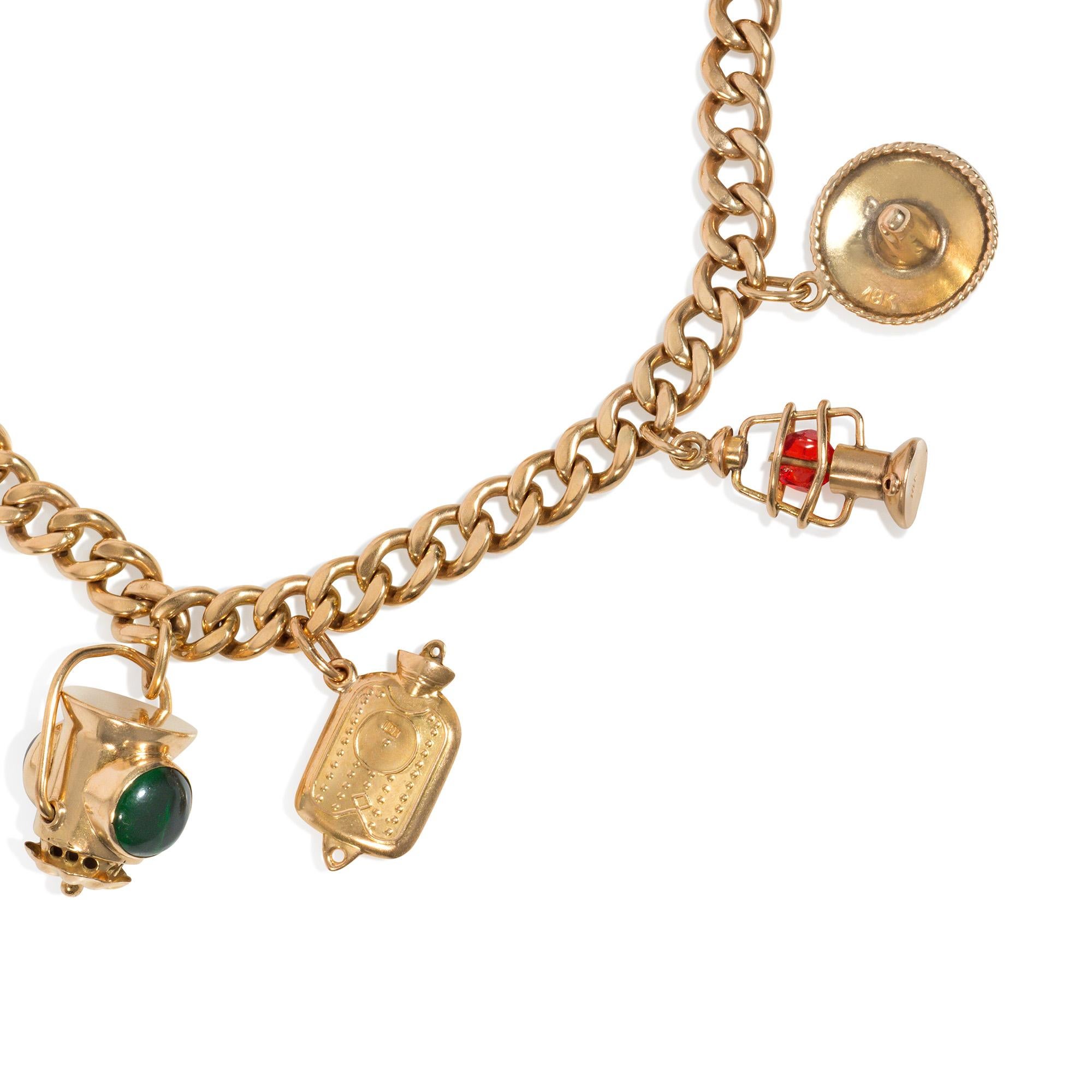 A Retro gold curblink charm bracelet suspending eight charms designed as a lighthouse, two nautical lanterns, a hot water bottle, a heart, a telephone, a sombrero, and a ball, in 18k. 