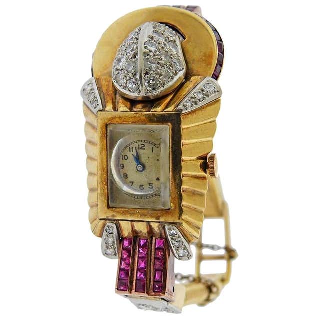 Ruby Stone Watch Retro Platinum Yellow Gold Diamond Burma Ruby Wristwatch For Sale at ...