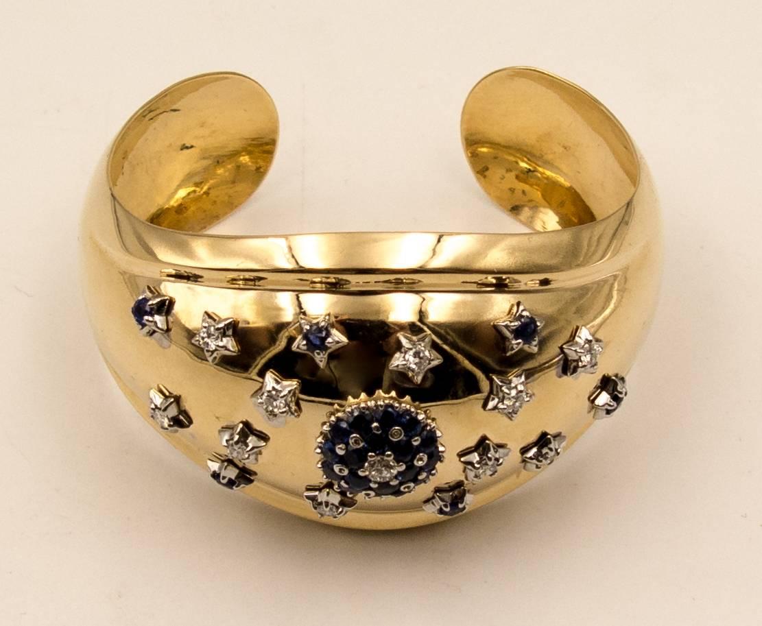 Retro Gold Diamond Sapphire Cuff Bracelet In Excellent Condition In New York, NY
