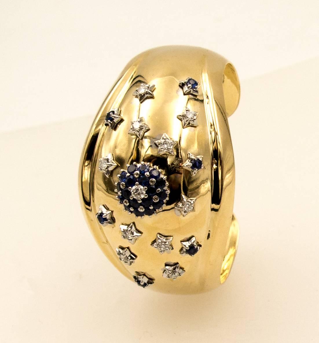 Women's or Men's Retro Gold Diamond Sapphire Cuff Bracelet