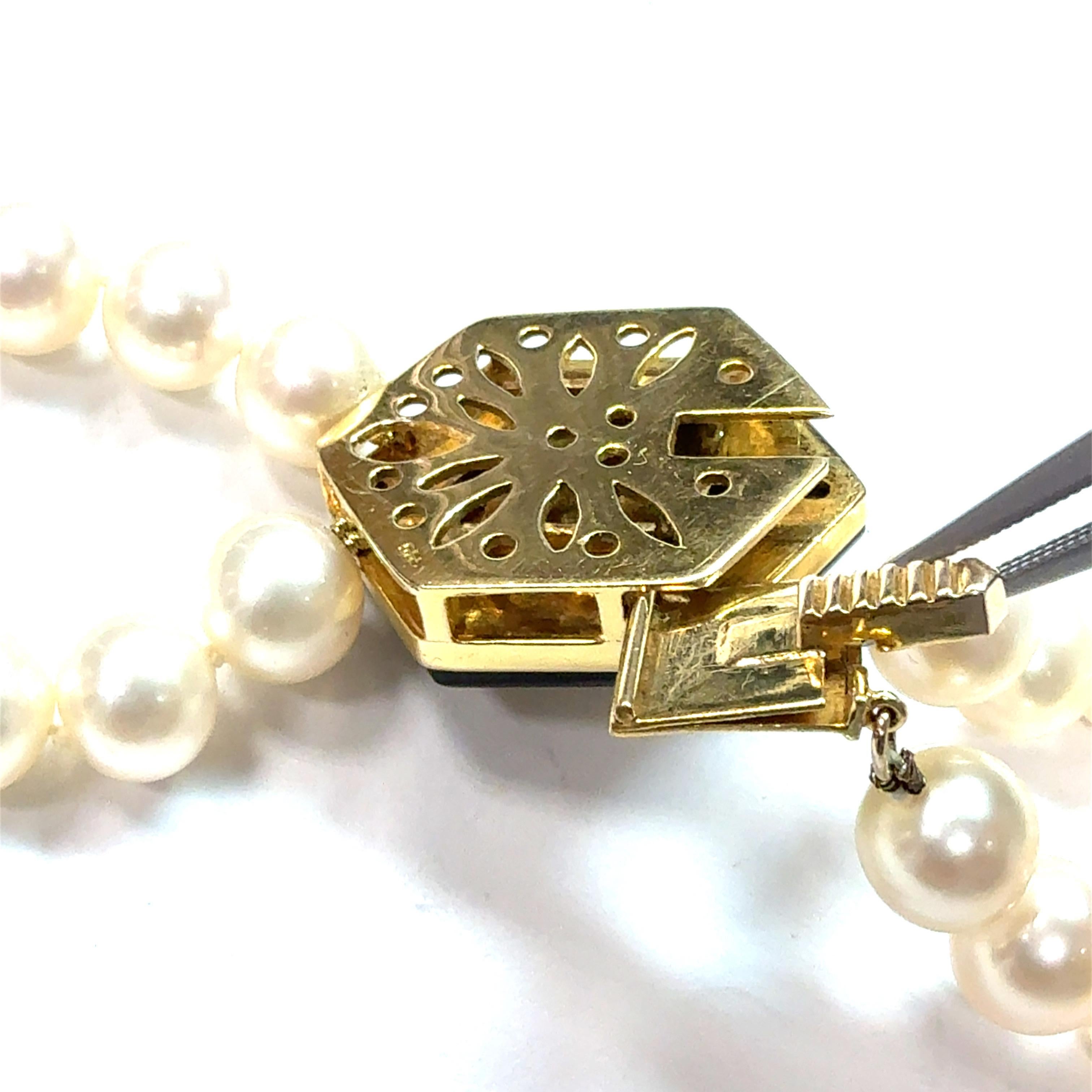 Women's Retro Gold Double Row Pearl Onyx 0.4ct Natural Diamond Ruby CAB Necklace 1980 For Sale