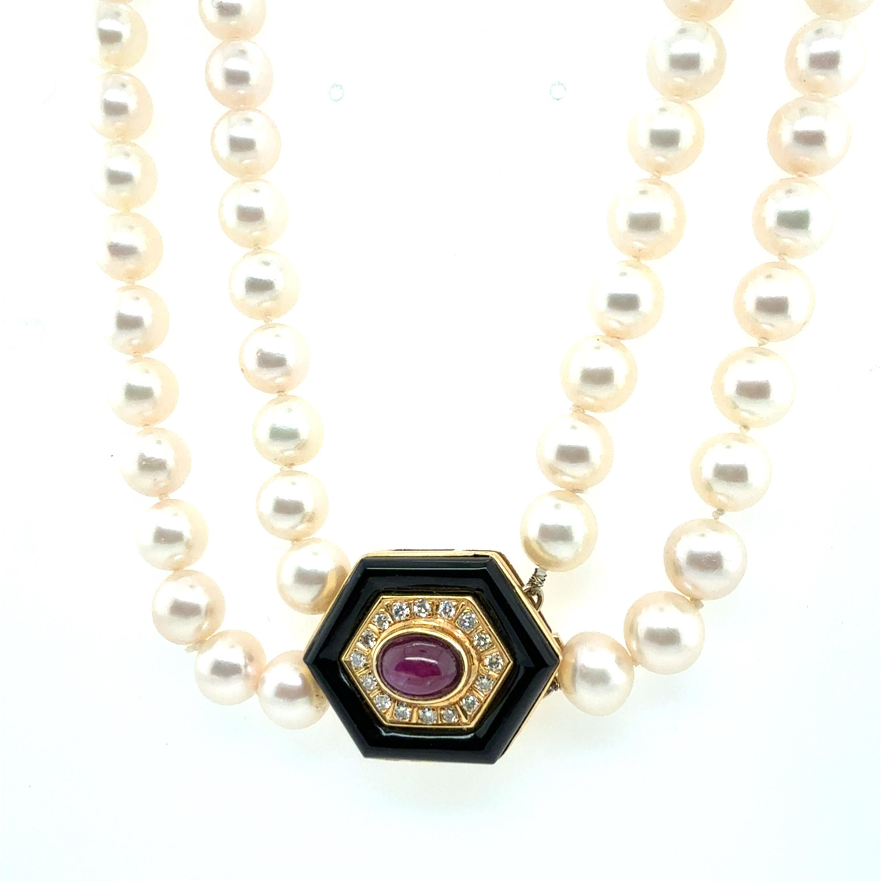 Retro Gold Double Row Pearl Onyx 0.4ct Natural Diamond Ruby CAB Necklace 1980 For Sale 3