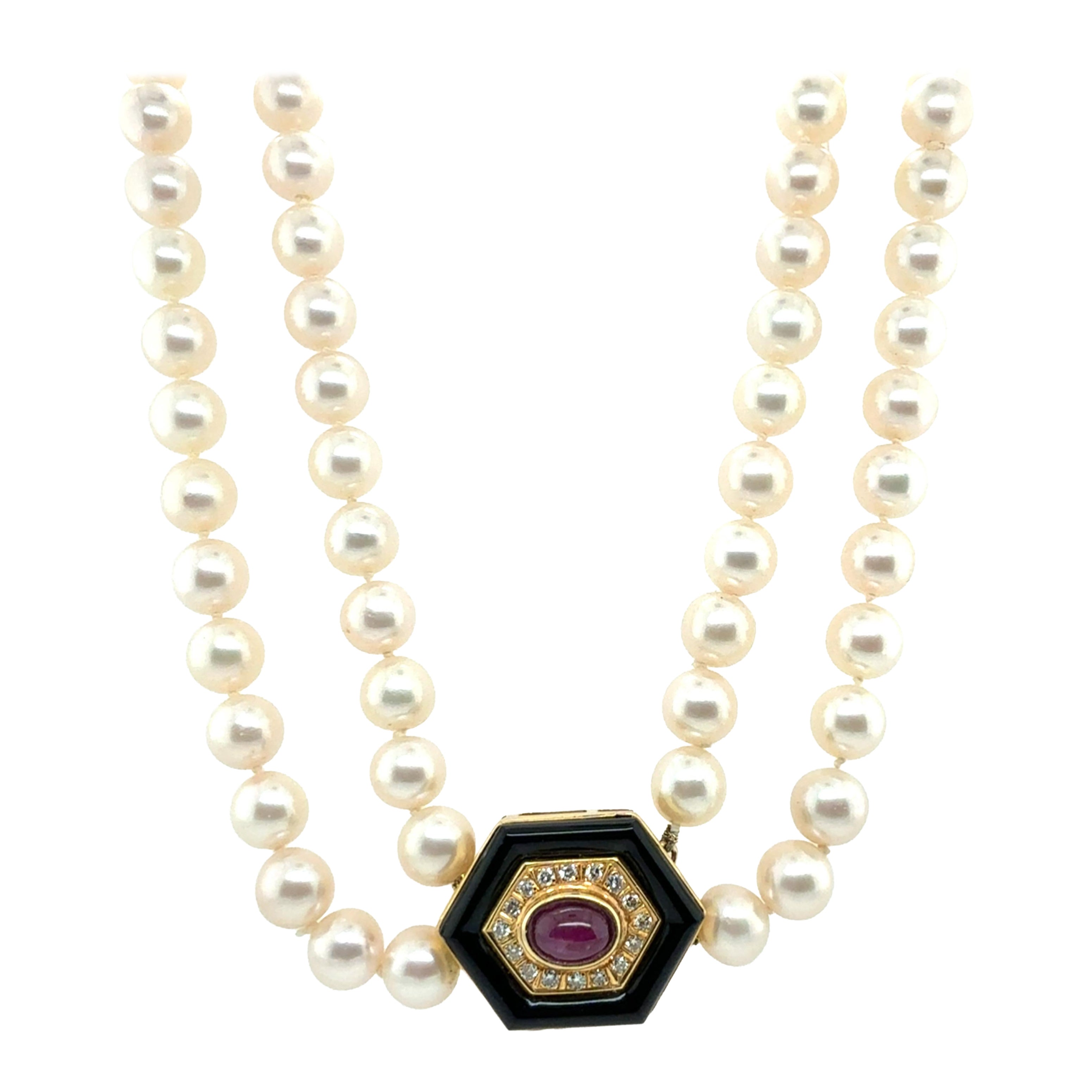 Retro Gold Double Row Pearl Onyx 0.4ct Natural Diamond Ruby CAB Necklace 1980 For Sale