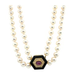 Retro Gold Double Row Pearl Onyx 0.4ct Natural Diamond Ruby CAB Necklace 1980