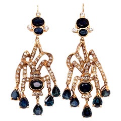 Retro Gold Earrings 30 Carat Natural Deep Blue Sapphire and Diamond, circa 1950