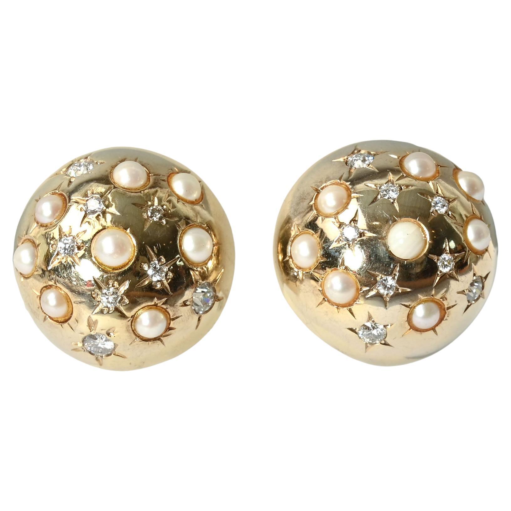 Retro Gold Earrings with Pearls and Diamonds For Sale