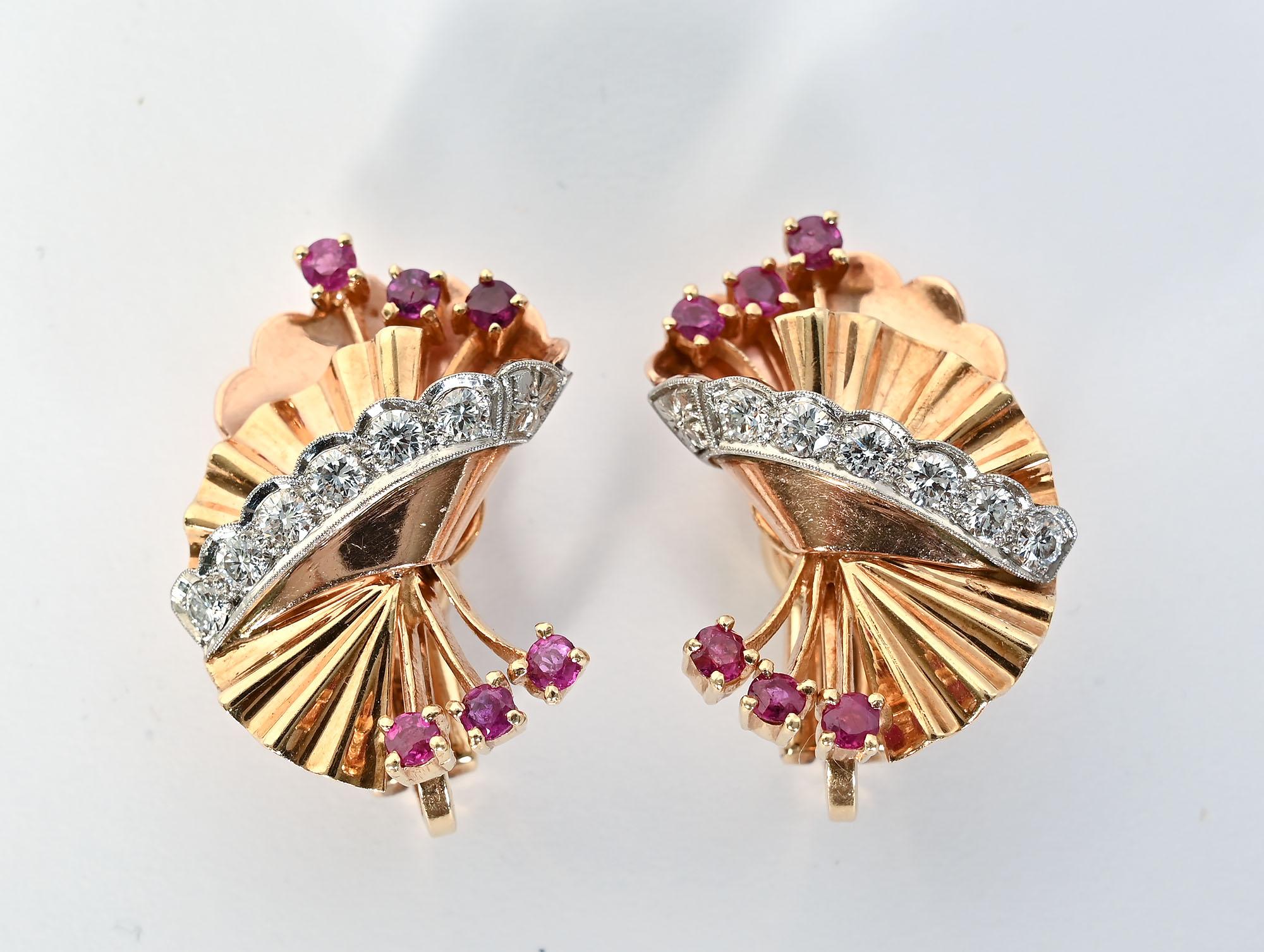 Brilliant Cut Retro Gold Earrings with Rubies and Diamonds For Sale