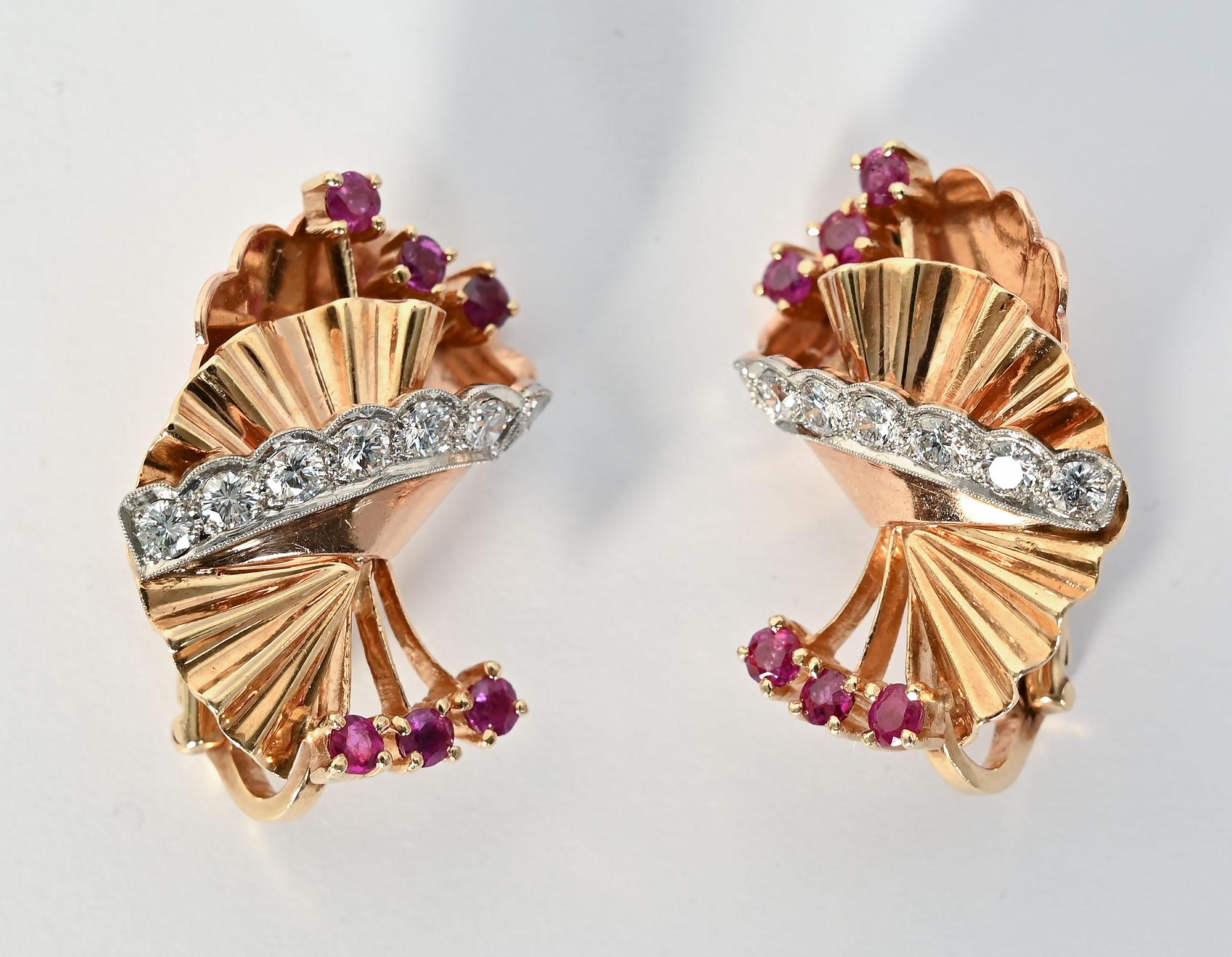 Retro Gold Earrings with Rubies and Diamonds In Excellent Condition In Darnestown, MD