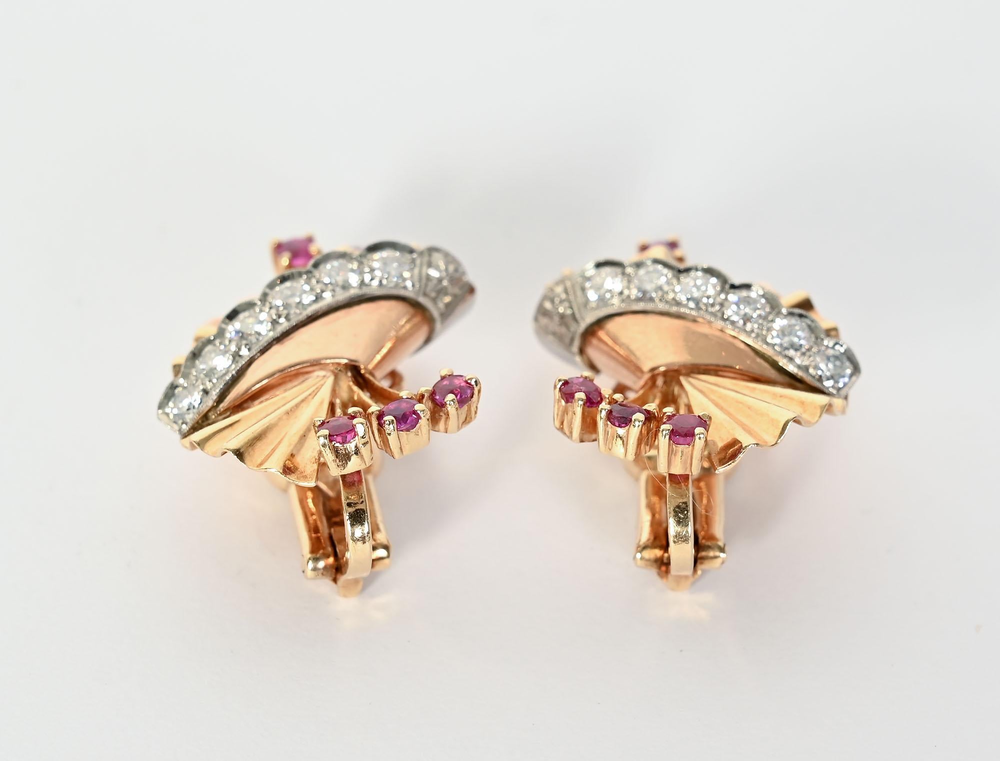 Women's or Men's Retro Gold Earrings with Rubies and Diamonds