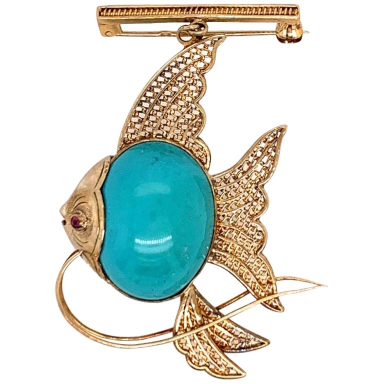 Retro Gold Fish Brooche Natural Turquoise and Ruby Handmade Pin, circa 1950 For Sale