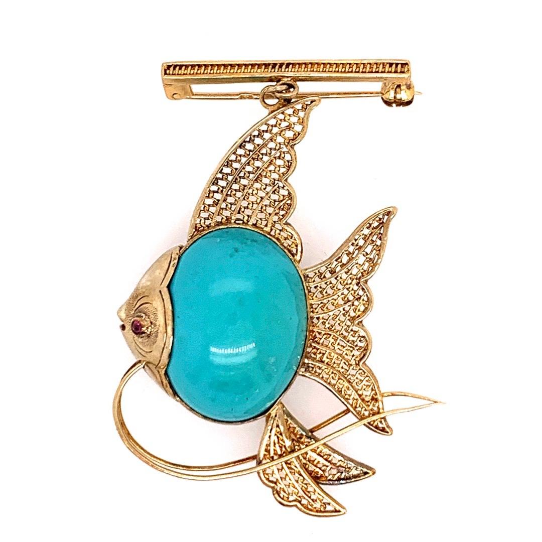 Retro Gold Fish Brooche Natural Turquoise and Ruby Handmade Pin, circa 1950 In Good Condition For Sale In Los Angeles, CA