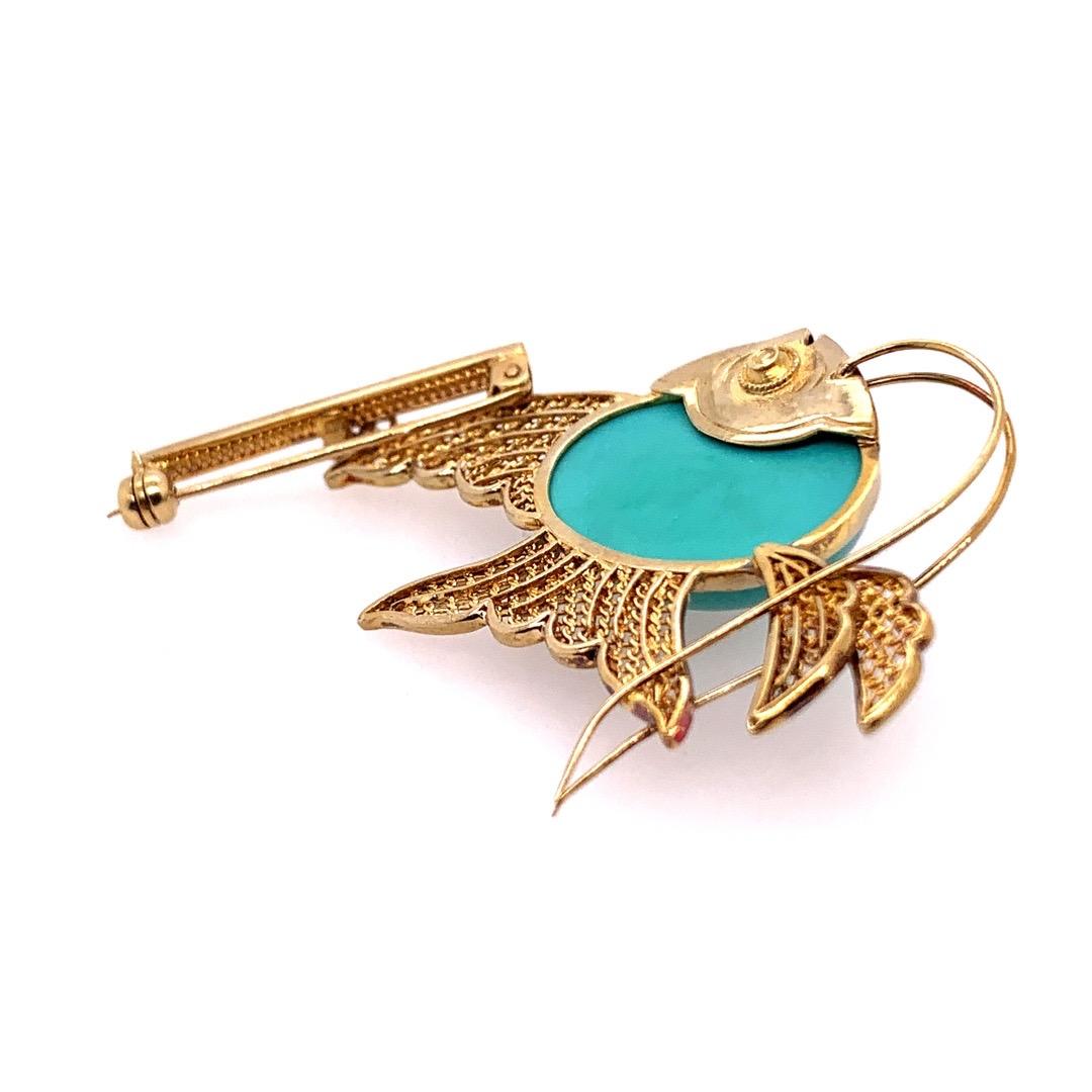 Women's or Men's Retro Gold Fish Brooche Natural Turquoise and Ruby Handmade Pin, circa 1950 For Sale