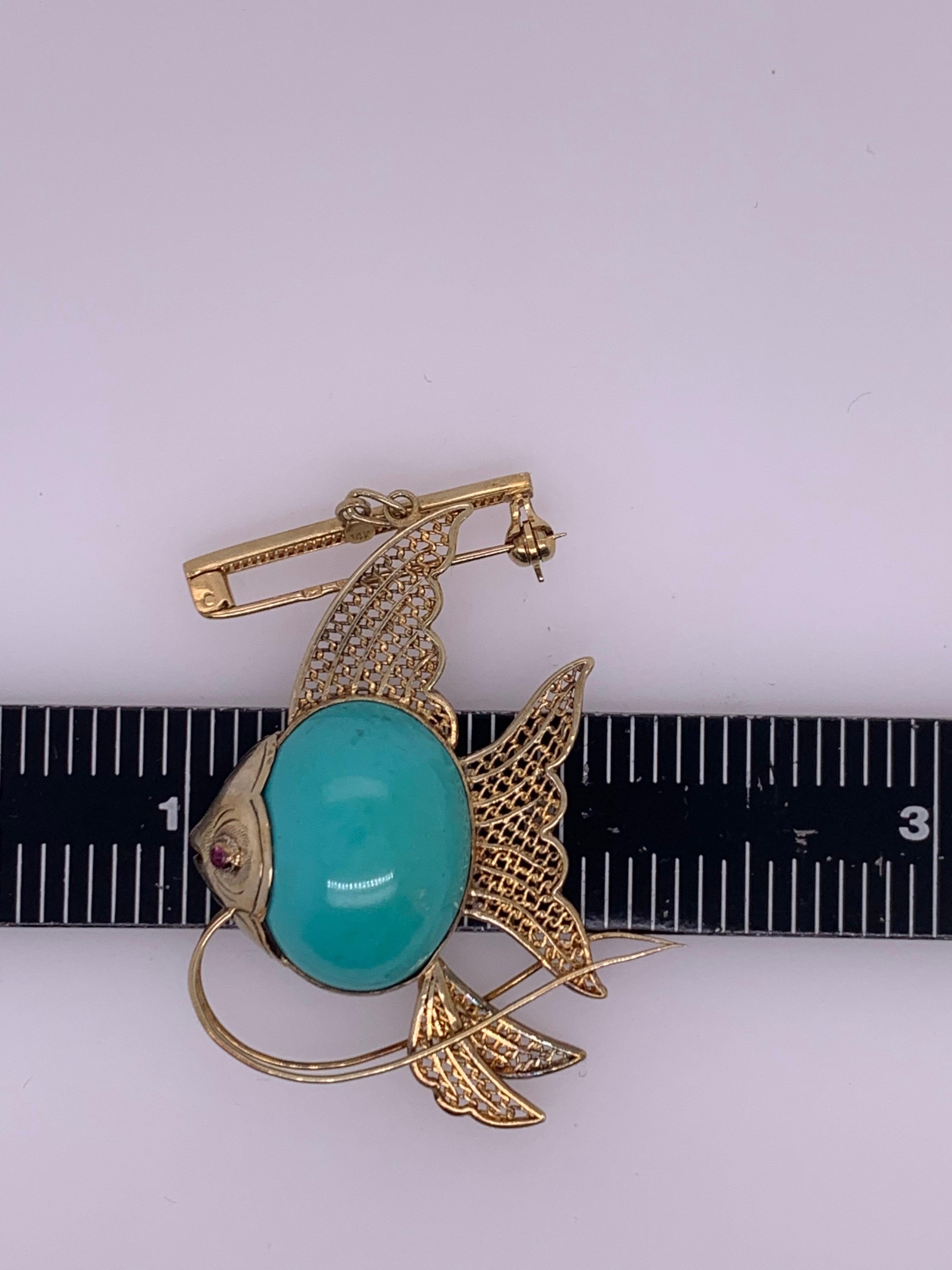 Retro Gold Fish Brooche Natural Turquoise and Ruby Handmade Pin, circa 1950 For Sale 2