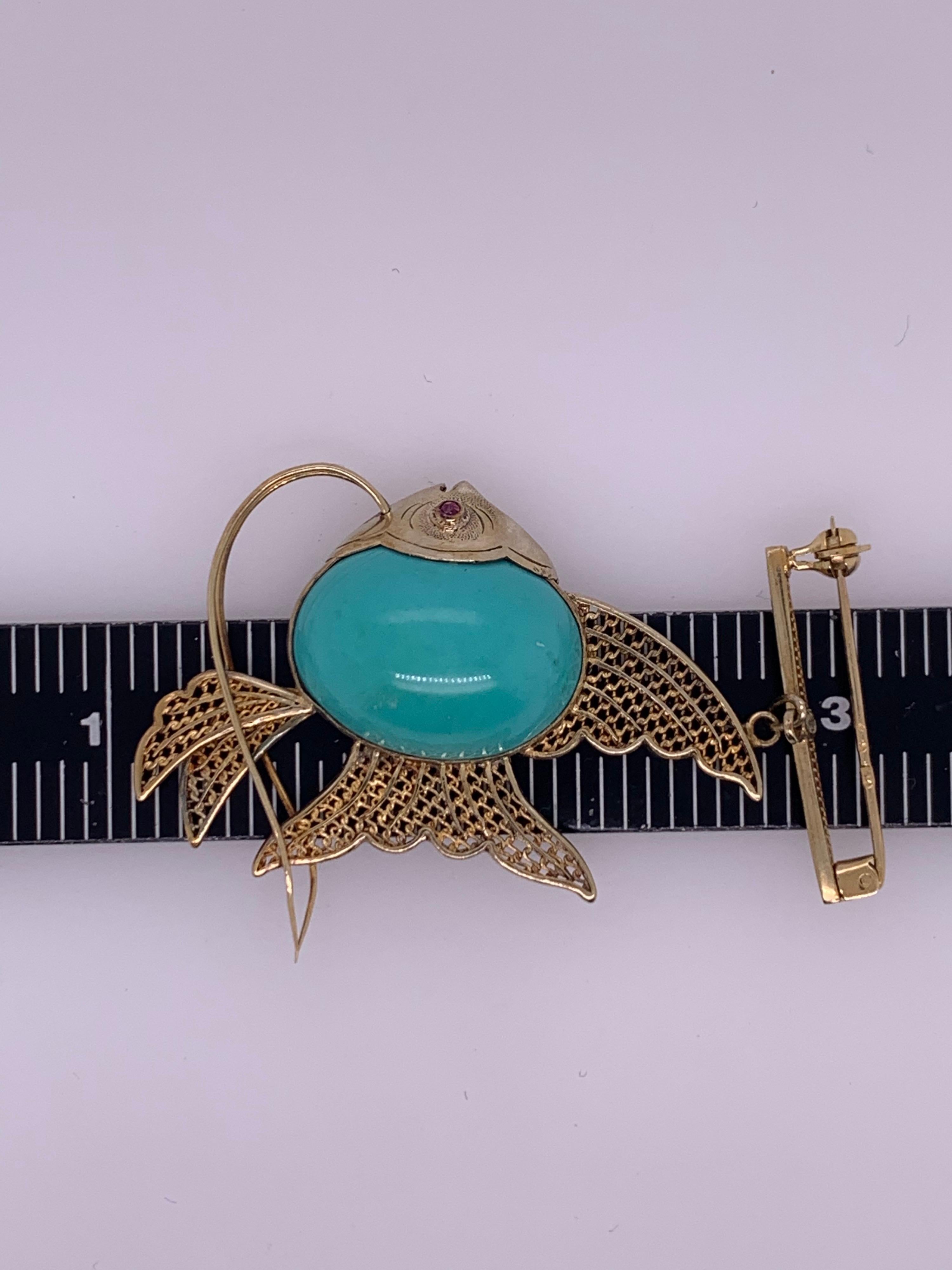 Retro Gold Fish Brooche Natural Turquoise and Ruby Handmade Pin, circa 1950 For Sale 3