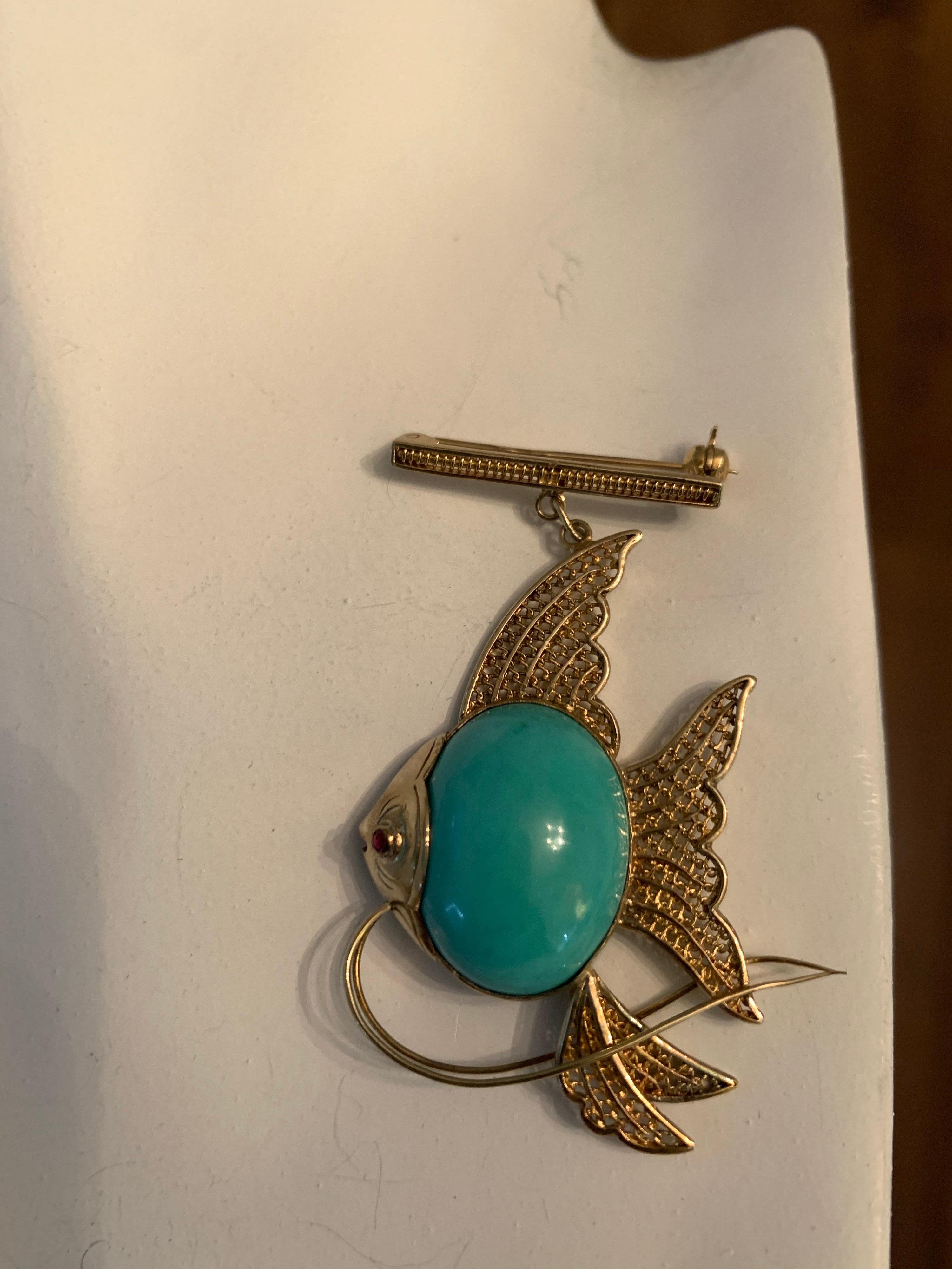 Retro Gold Fish Brooche Natural Turquoise and Ruby Handmade Pin, circa 1950 For Sale 4