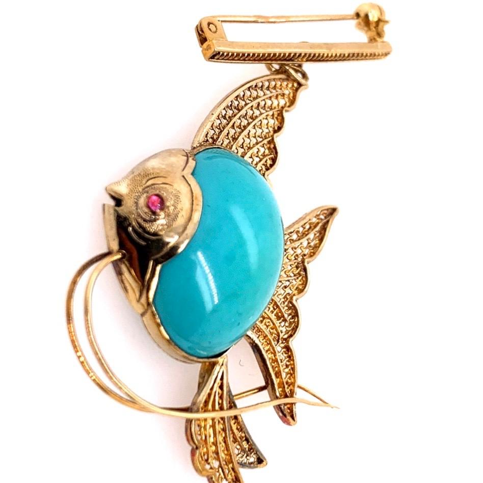 Retro 14k Gold Fish Brooche Natural Turqoise & Ruby Pin Circa 1950. The piece weighs 7.5 grams total.

Condition is Pre-owned. 