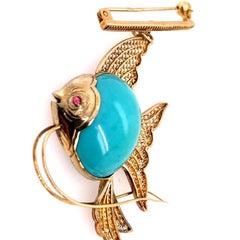 Retro Gold Fish Brooche Natural Turquoise and Ruby Handmade Pin, circa 1950