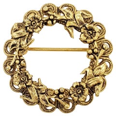 Retro Gold Floral Wreath Pin Brooch, Circa 1970s