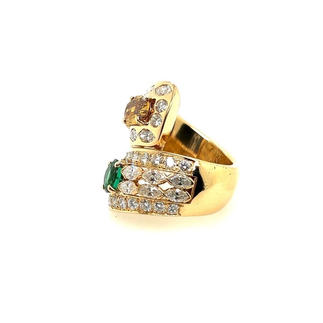 Retro Gold GIA Certified 7.4 Carat Natural Emerald & Diamond Cocktail Ring, 1960 For Sale 7