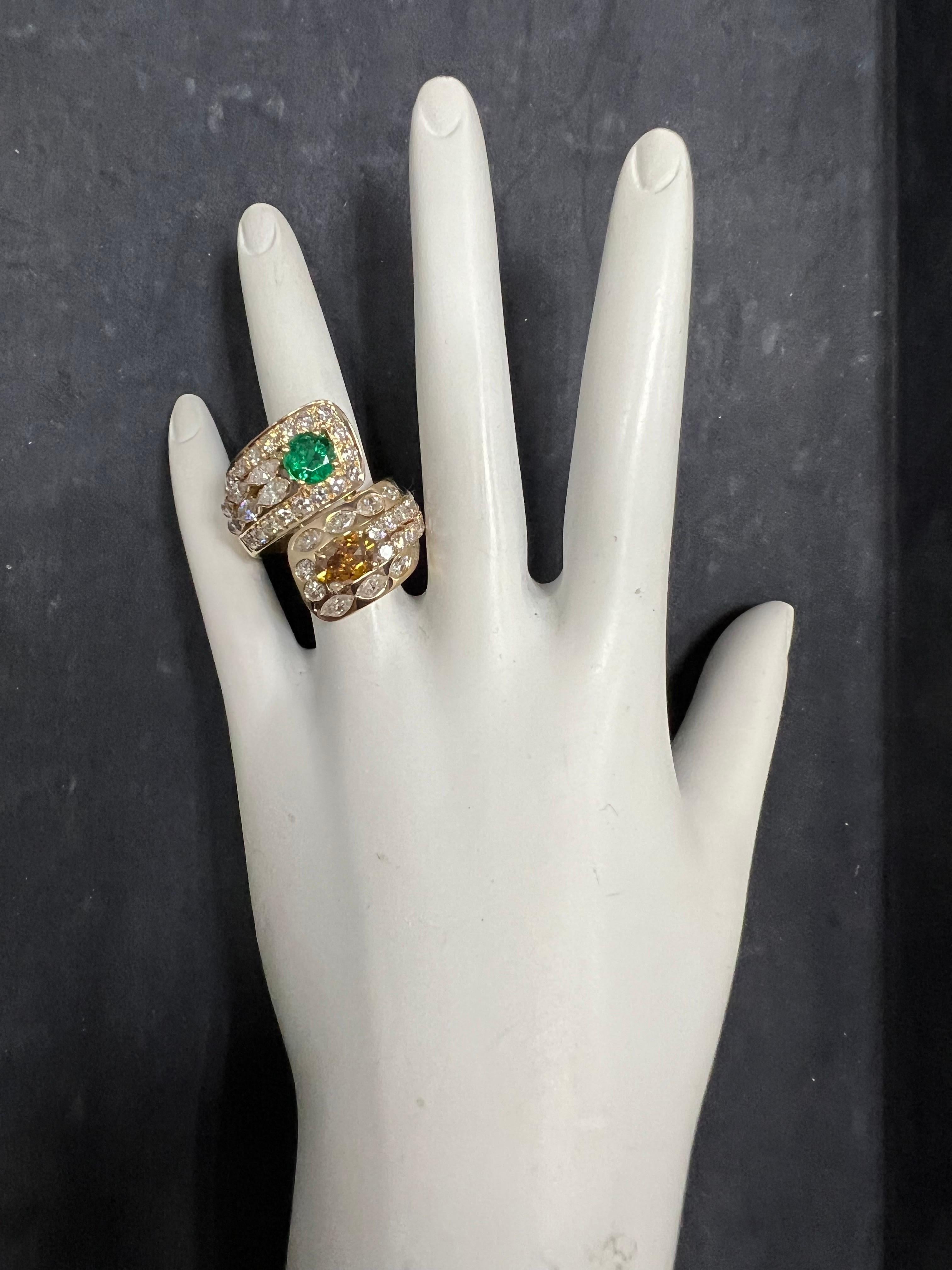 Retro 18k Yellow Gold GIA Certified 7.4 Approximate Carat Natural Emerald & Diamond Cocktail Ring 1960.

The Ring is with two Natural GIA Certified gems. The first is a natural 1.01 carat oval brilliant Fancy Deep Brownish Orangy Yellow
