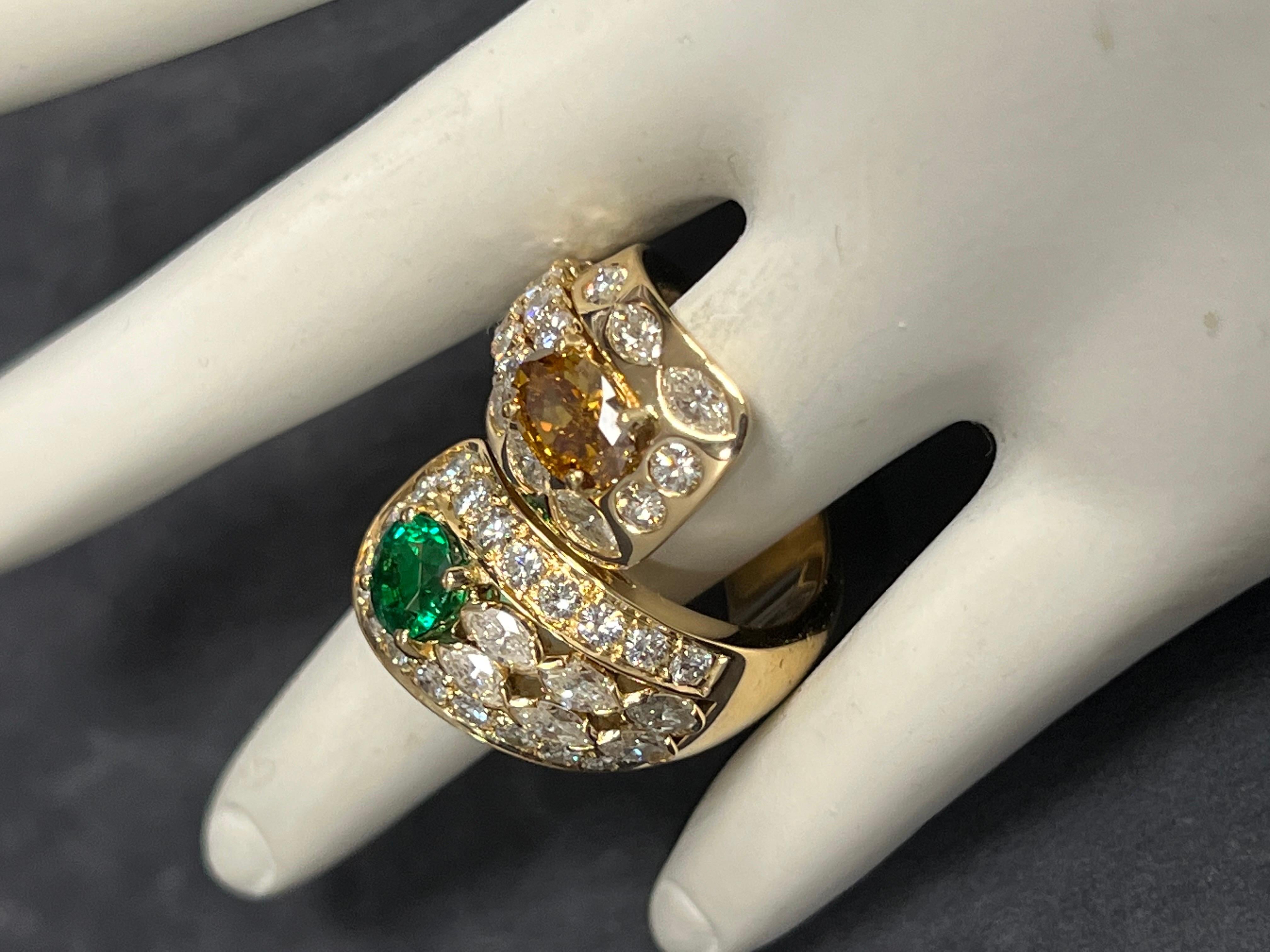 Retro Gold GIA Certified 7.4 Carat Natural Emerald & Diamond Cocktail Ring, 1960 For Sale 1