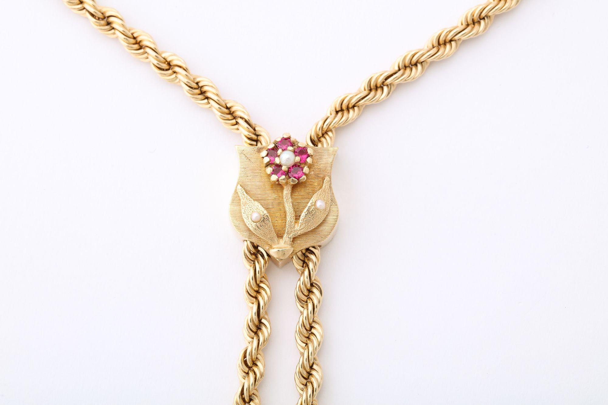 Old European Cut Retro Gold Lariat on Rope Twist Chain with Tassels and a Ruby and Pearl Flower For Sale