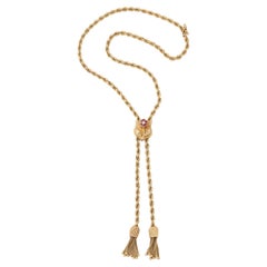 Gold Lariat on Rope Twist Chain with Tassels and a Ruby and Pearl Flower