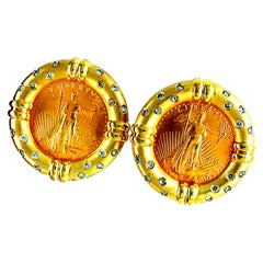 Moneta Liberty d'oro retrò da 1/10 oz e orecchini con diamanti naturali da 0,4 carati CIRCA 1980