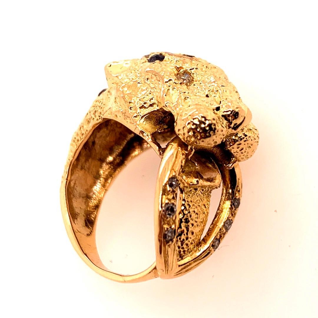 Retro Gold Lion Ring APX .50 Carat Natural Diamond Sapphire Gem Stone circa 1960 For Sale 1