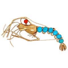 Retro Gold Lobster Pin Brooche Natural Turquoise & Coral Gem, circa 1950