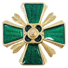 Retro Gold Maltese Cross Pin Brooch, Green Enamel