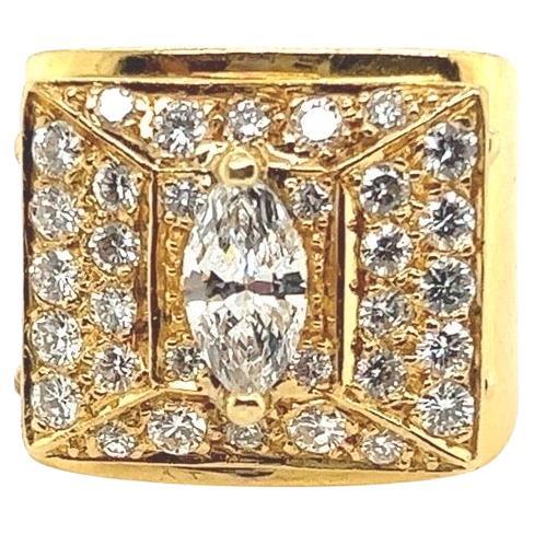 Retro Gold Mens 1.67 Carat Natural Marquise and Round Diamond Cocktail Ring 1970