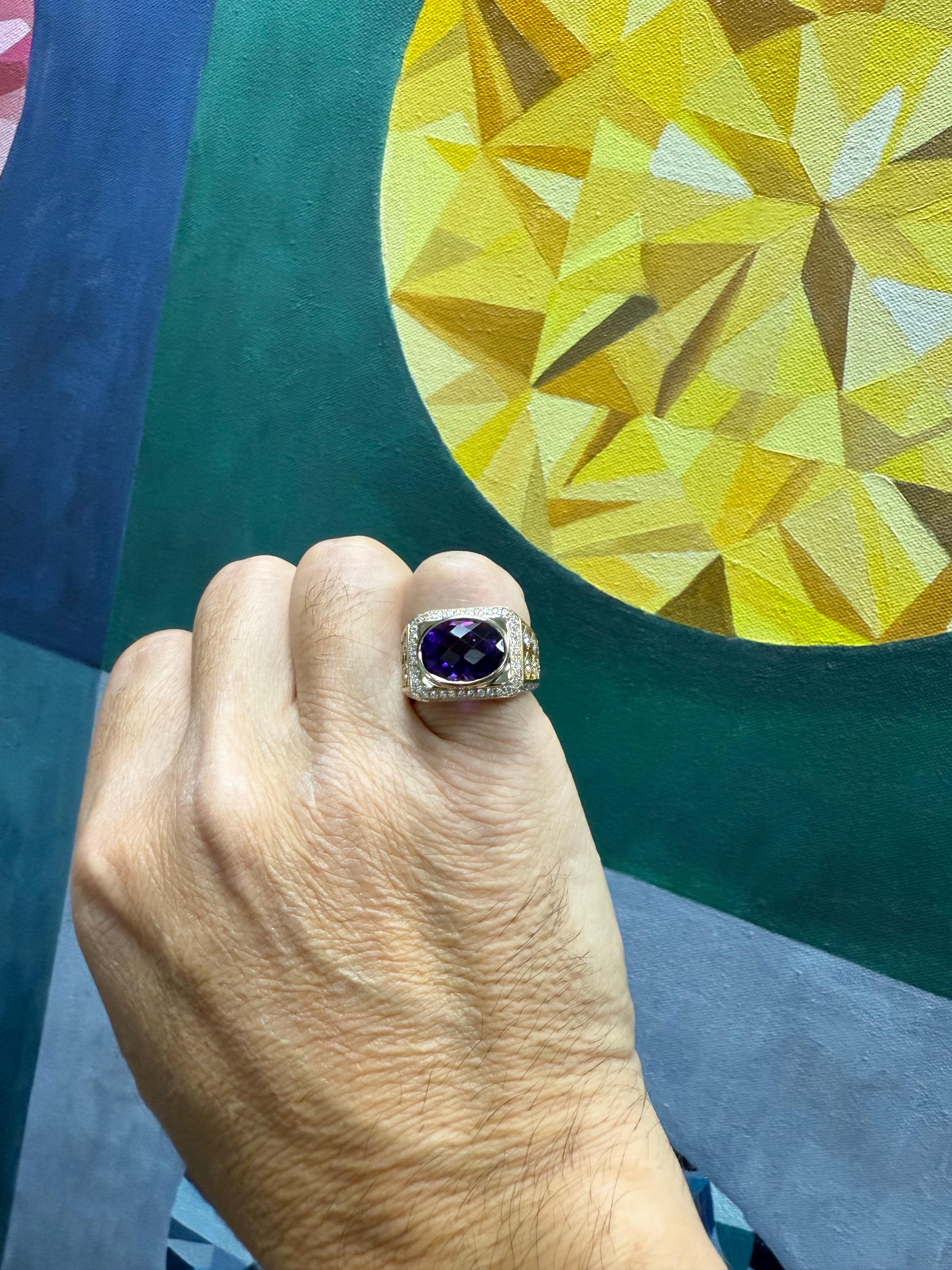 Retro Gold Herren 9,5 Karat natürlichen Tansanit & Diamant Statement Ring CIRCA 1980 im Angebot 3