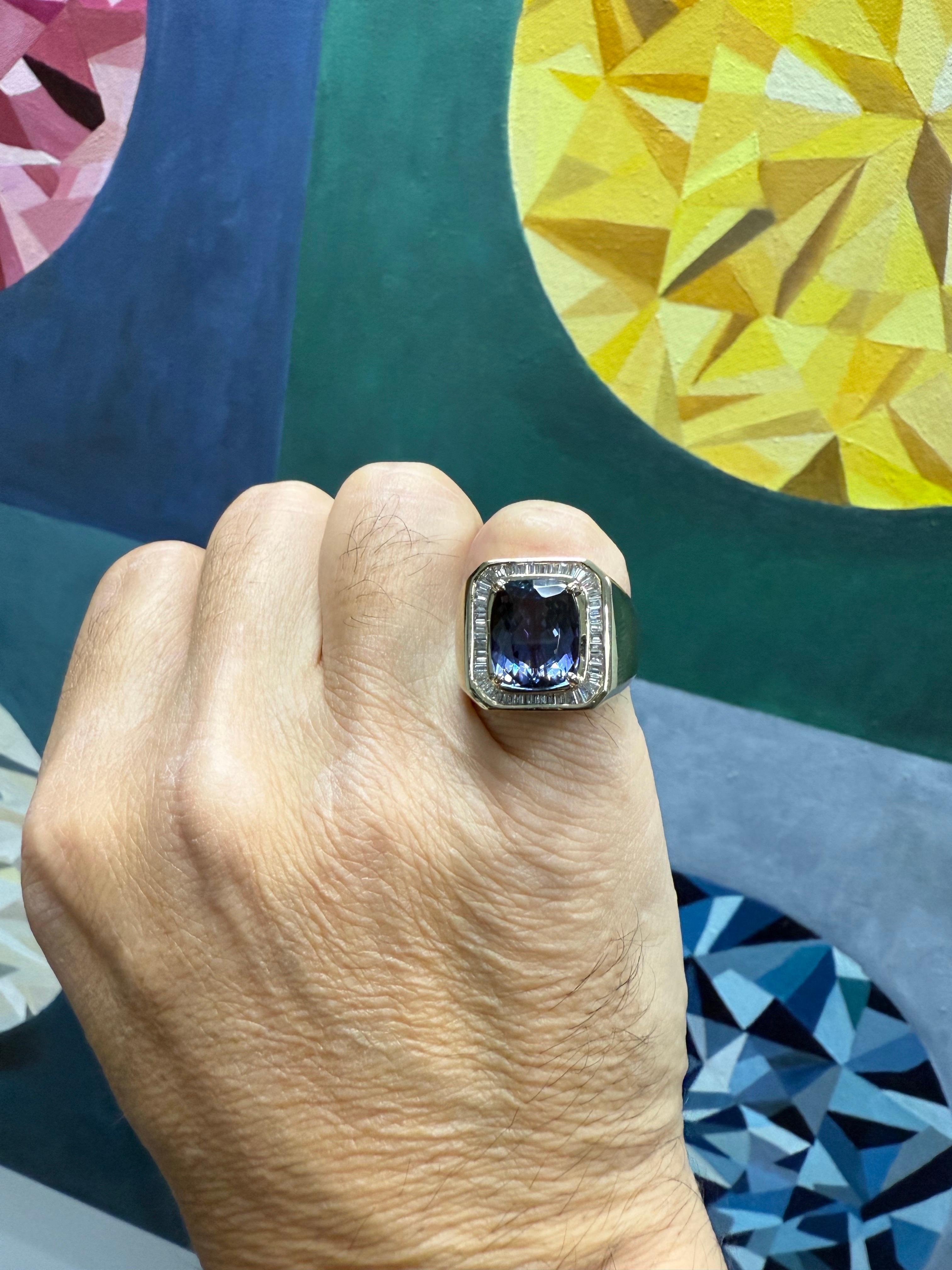 Retro Gold Herren 9,5 Karat natürlichen Tansanit & Diamant Statement Ring CIRCA 1980 im Angebot 4