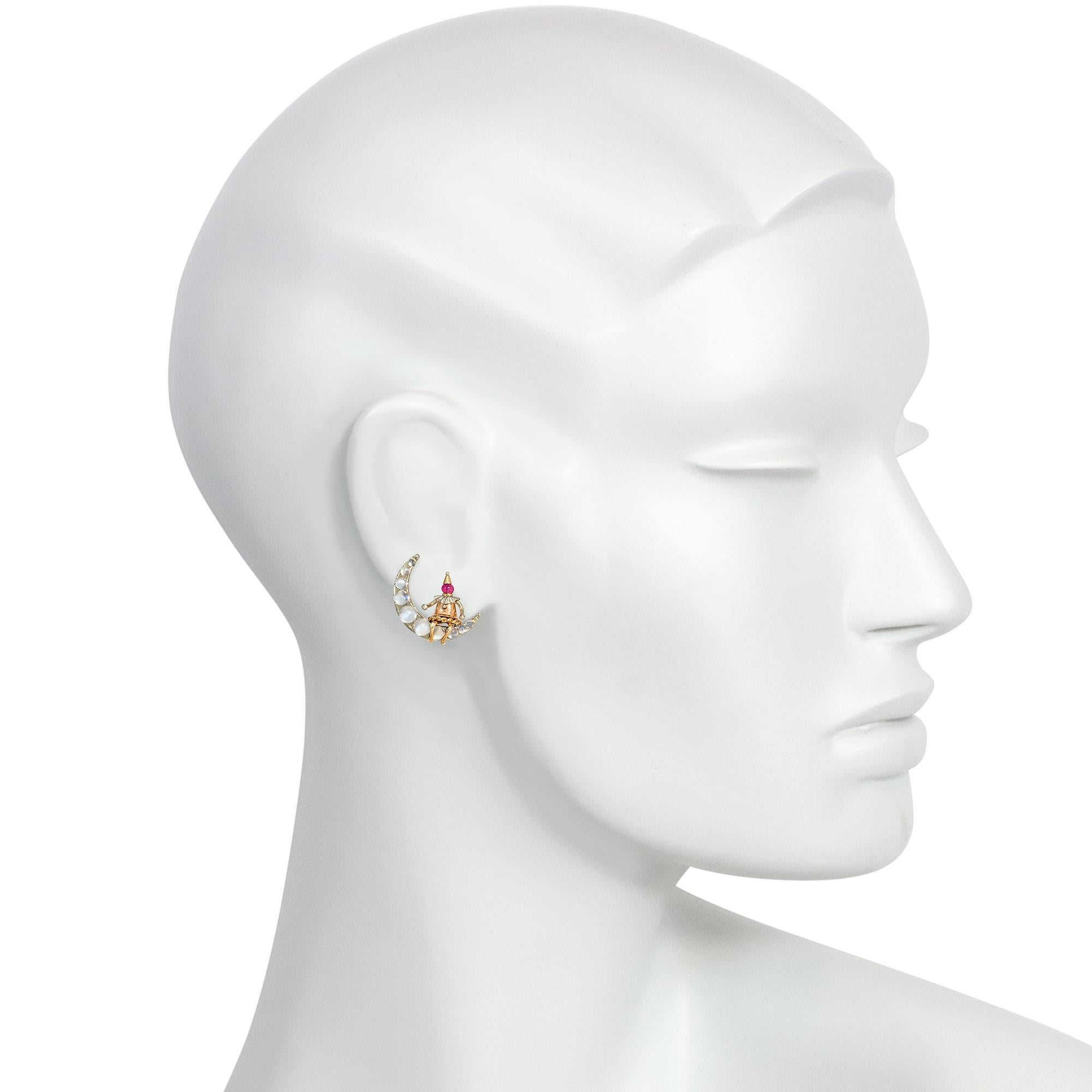 Retro Gold, Moonstone, and Ruby Man-on-the-Moon Earrings, Attributed to Rubel In Good Condition For Sale In New York, NY