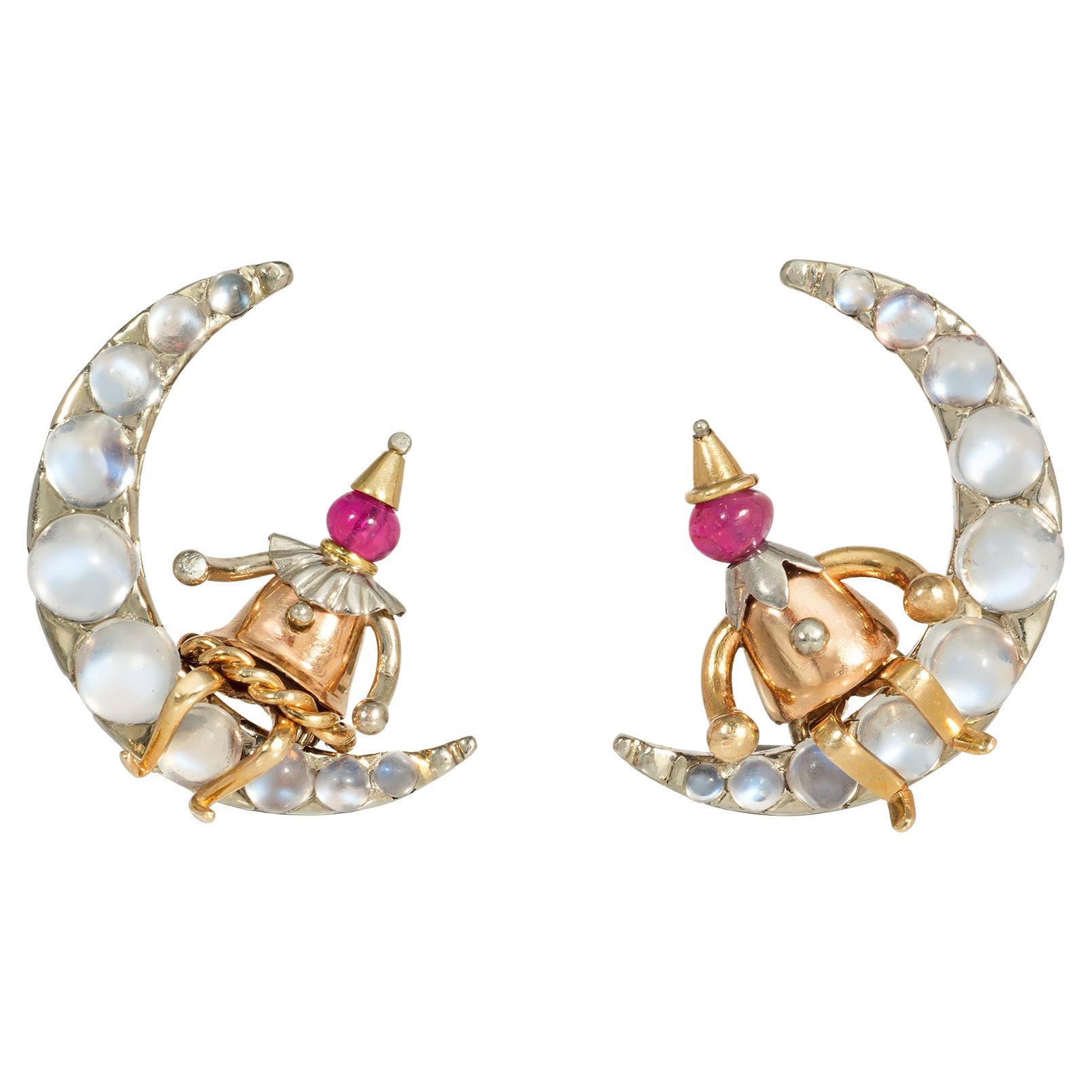 Retro Gold, Moonstone, and Ruby Man-on-the-Moon Earrings, Attributed to Rubel For Sale