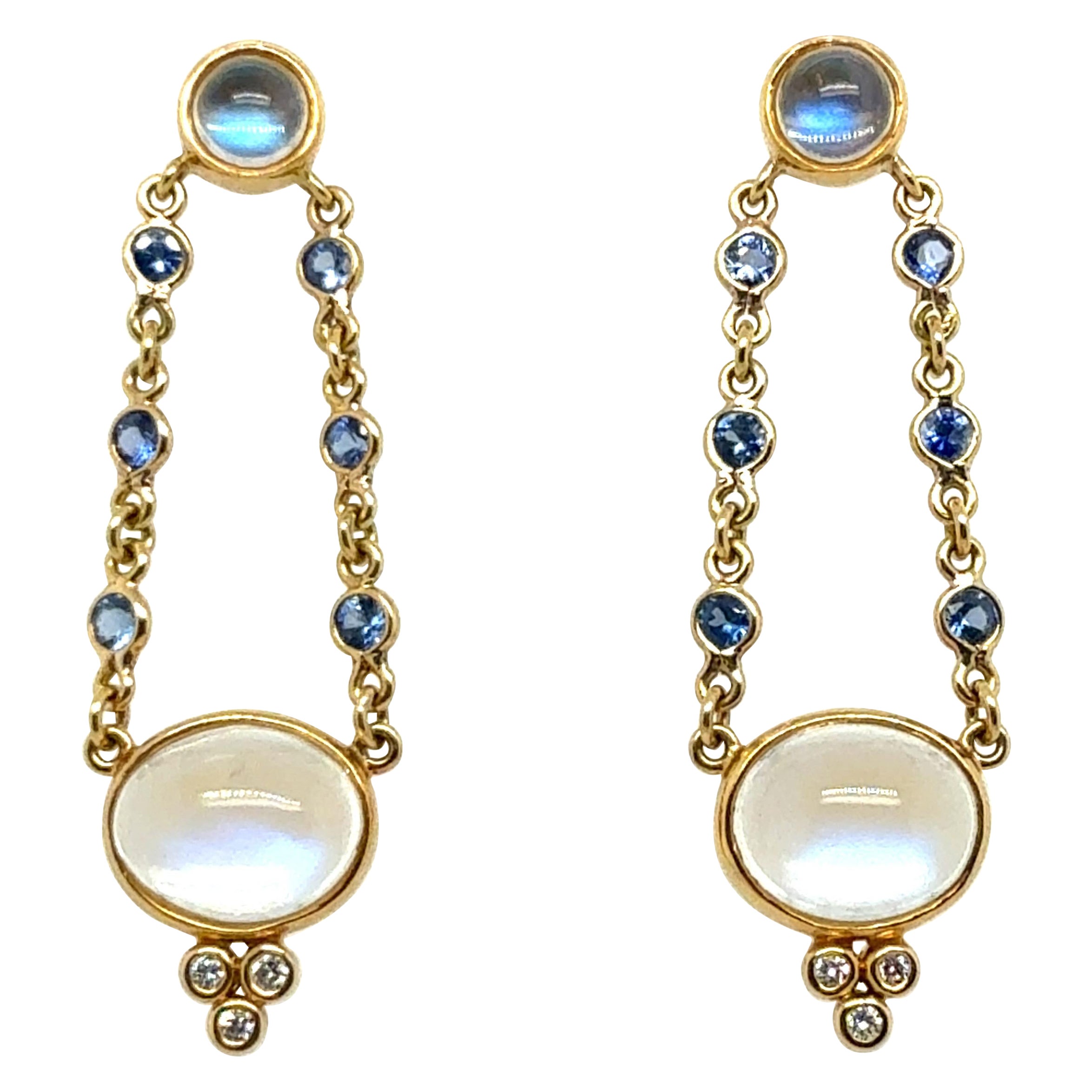 Orecchini a goccia in oro retrò con pietra di luna, tanzanite e diamanti naturali 1980