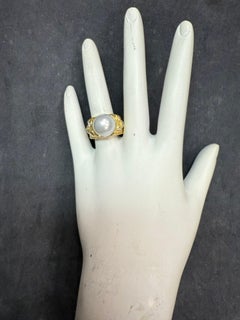 Retro Gold Natural 1 CT Old Mine Cut Diamond & South Sea Pearl Ring Circa 1990