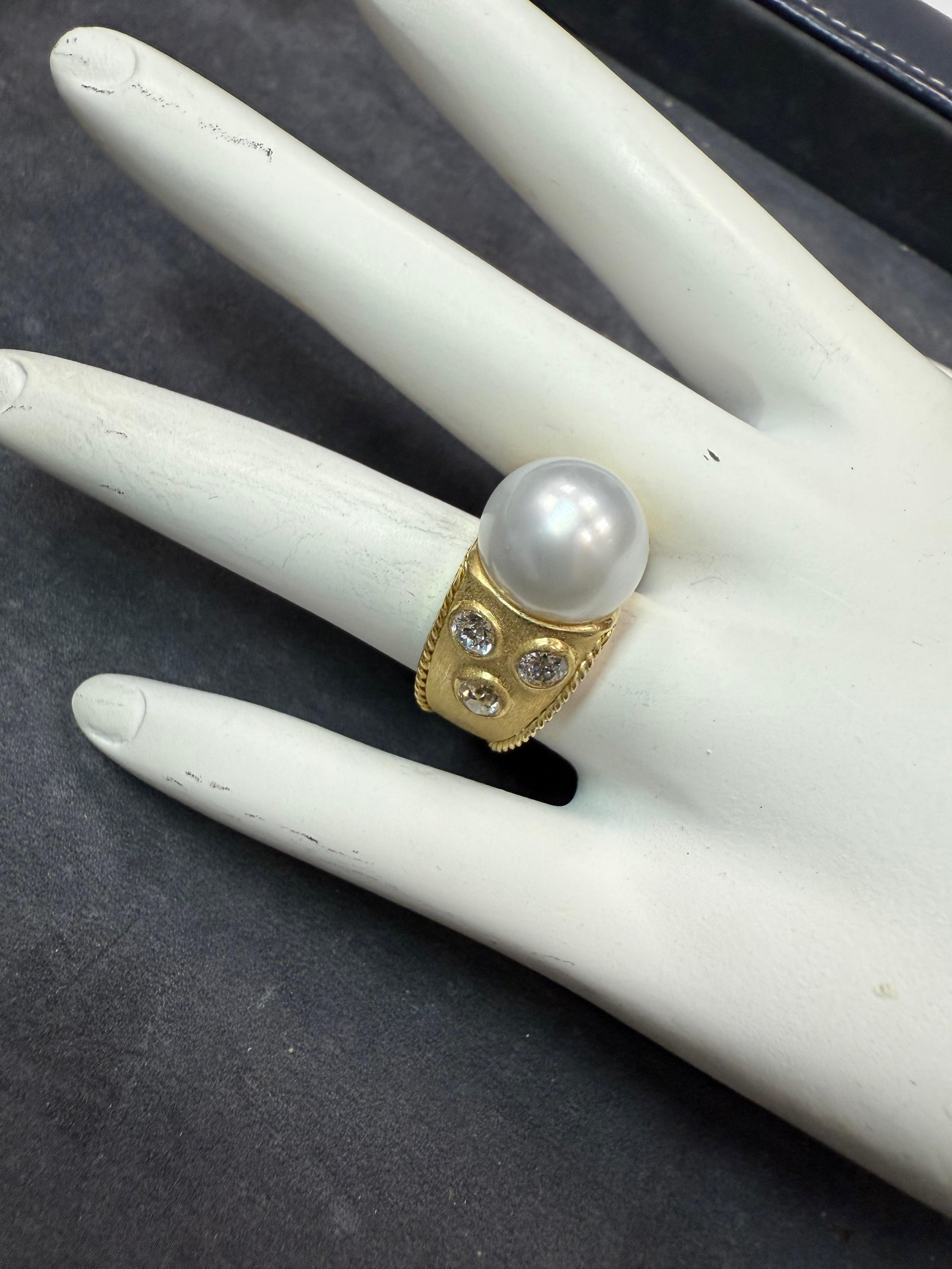 Round Cut Retro Gold Natural 1 CT Old Mine Cut Diamond & South Sea Pearl Ring Circa 1990 For Sale
