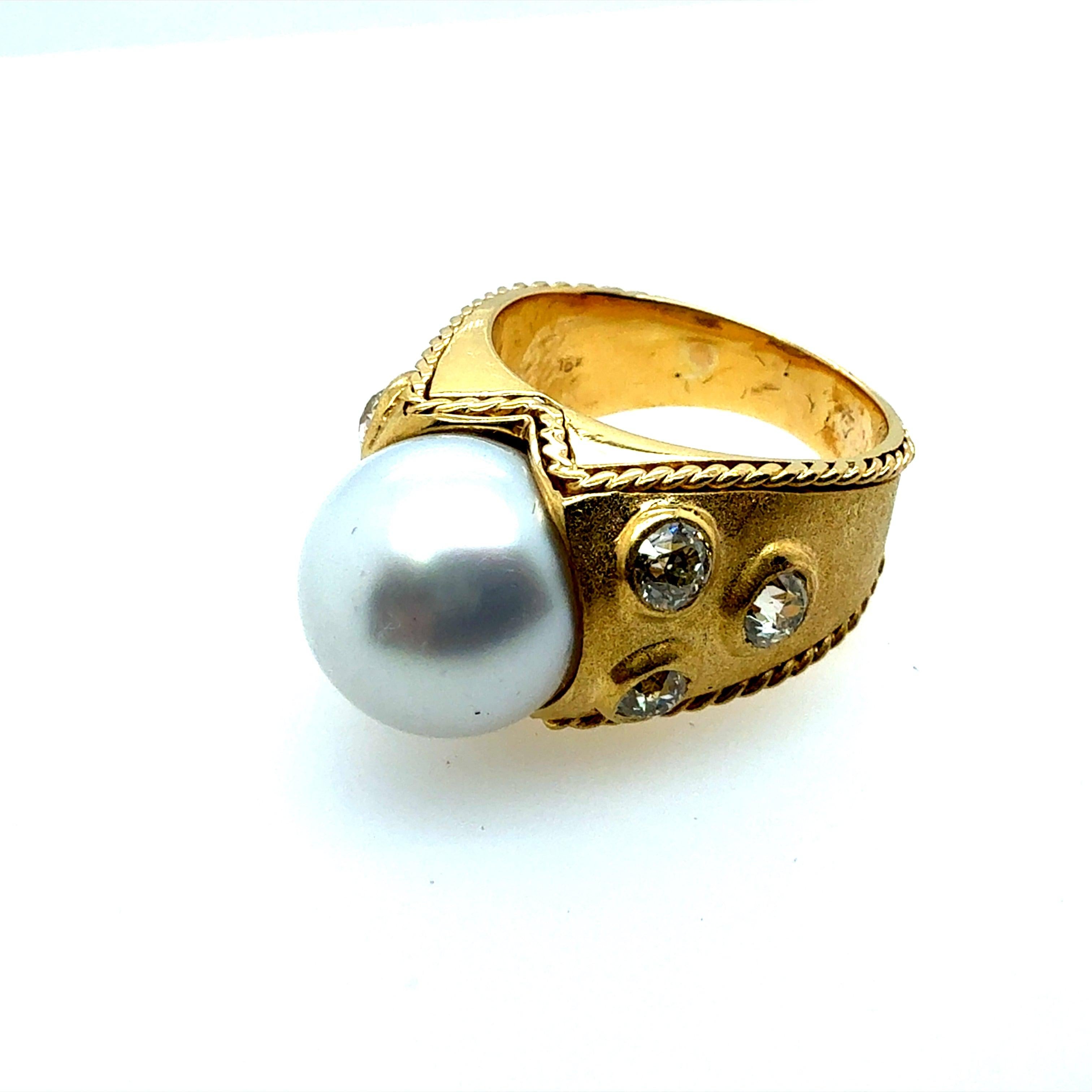 Women's Retro Gold Natural 1 CT Old Mine Cut Diamond & South Sea Pearl Ring Circa 1990 For Sale