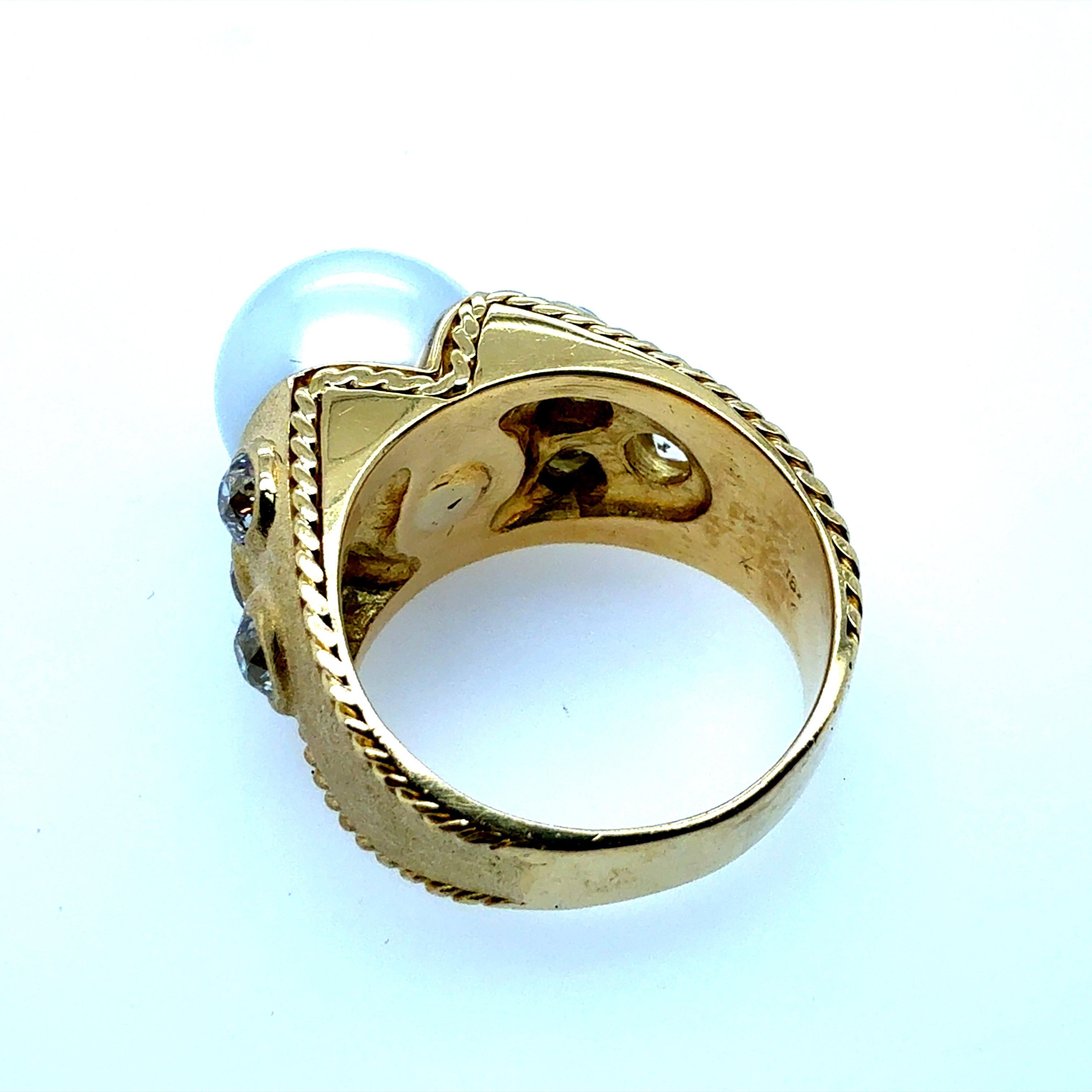 Retro Gold Natural 1 CT Old Mine Cut Diamond & South Sea Pearl Ring Circa 1990 For Sale 1