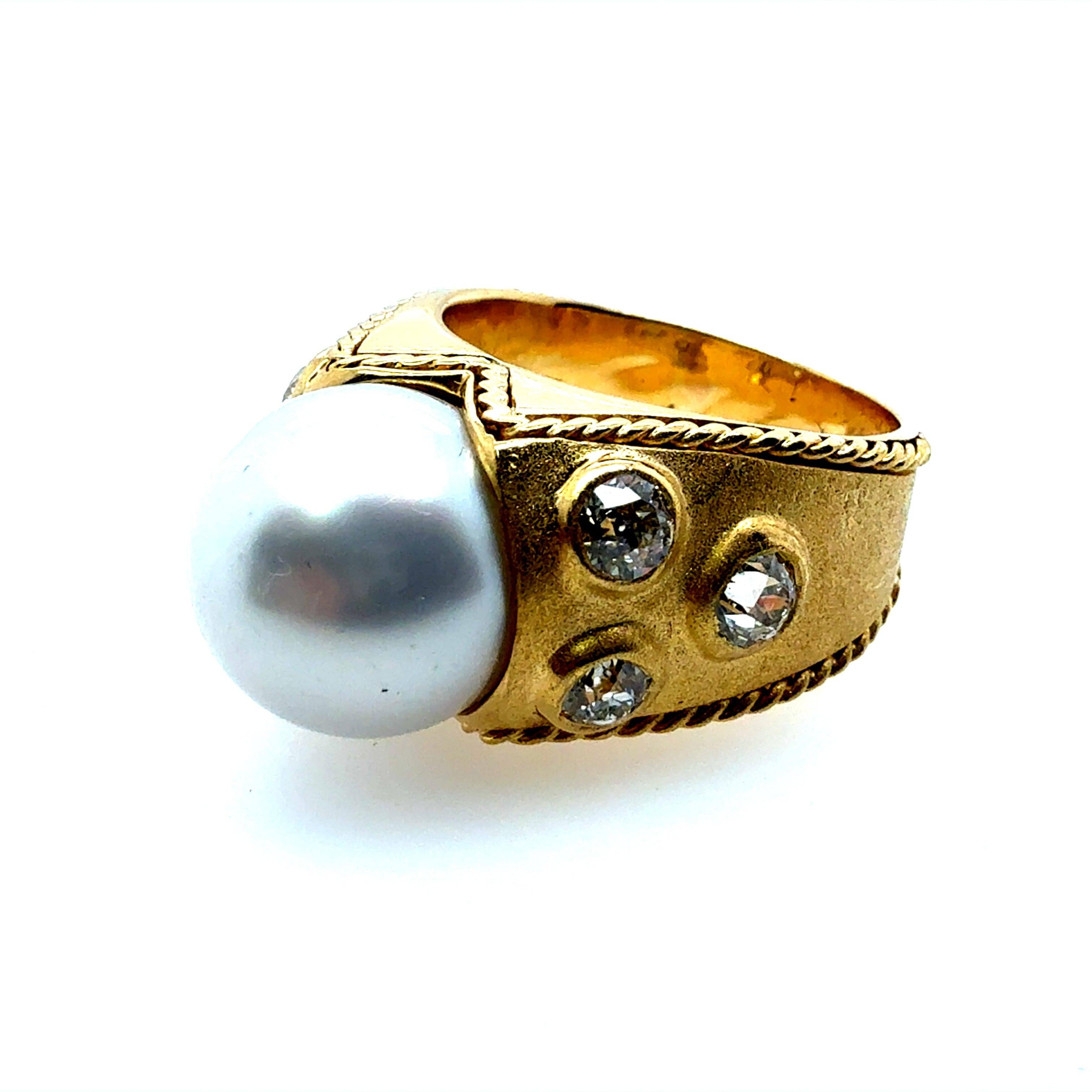 Retro Gold Natural 1 CT Old Mine Cut Diamond & South Sea Pearl Ring Circa 1990 For Sale 3