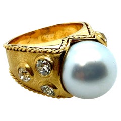 Retro Gold Natural 1 CT Old Mine Cut Diamond & South Sea Pearl Ring Circa 1990