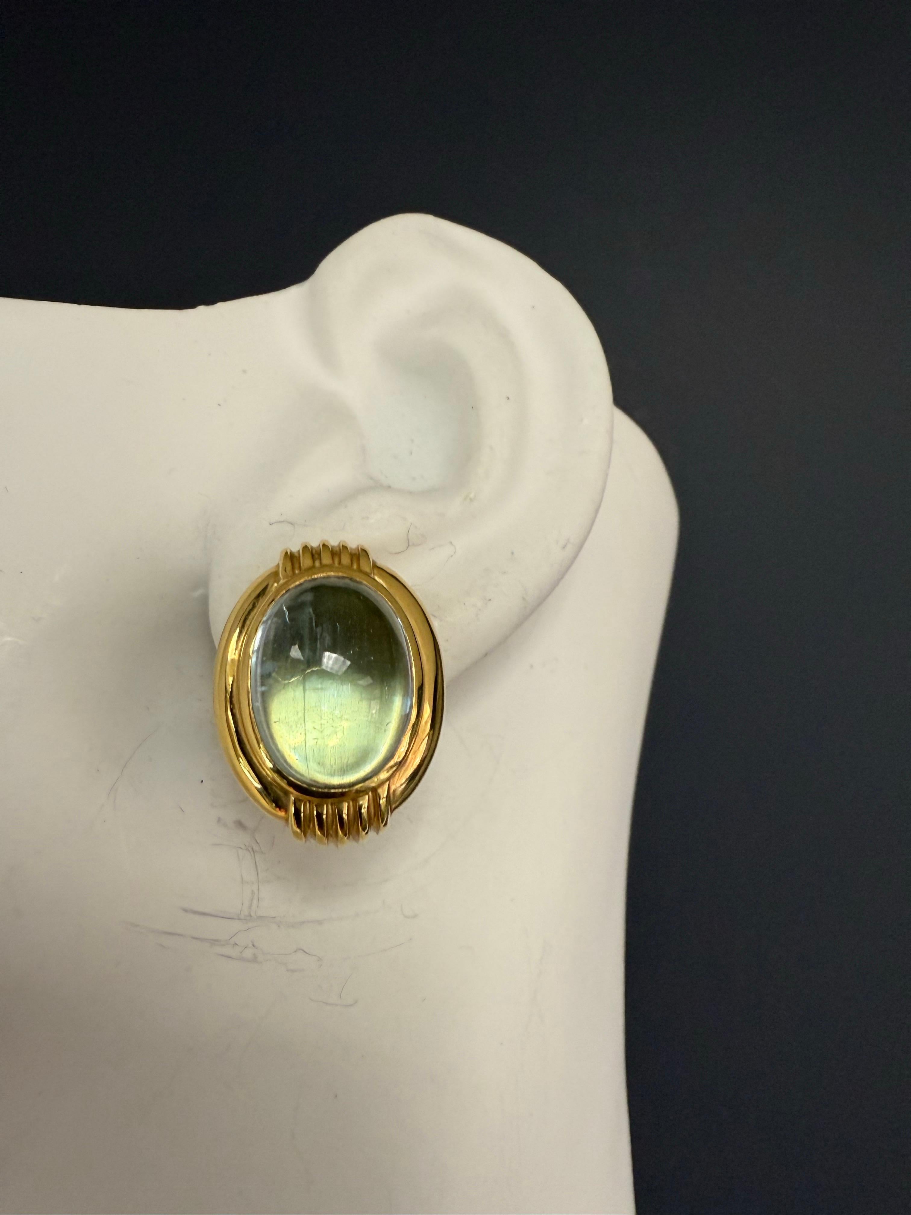Rétro Retro Gold Natural Blue Topaz Cabochon Clip Earrings by Gump’s in vendita